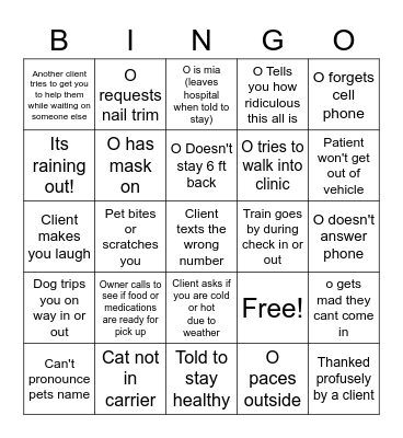 Covid-19 Veterinary Curbside Bingo Card