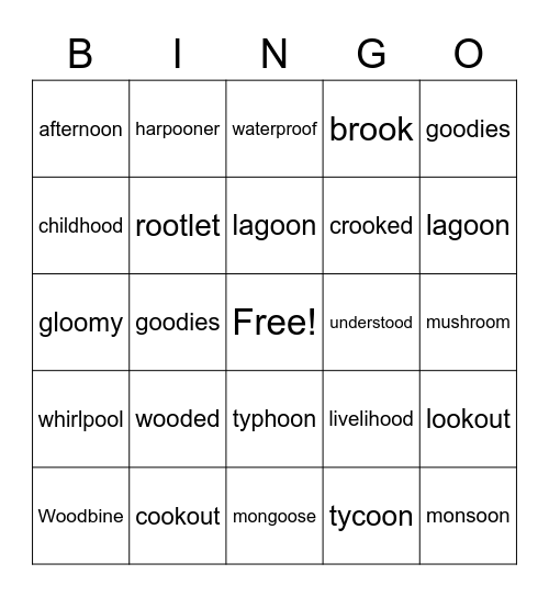 /oo/ words Bingo Card