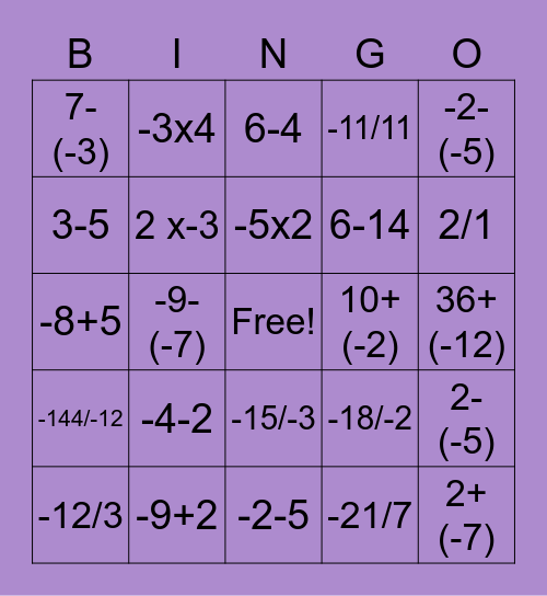 Integer Operations Bingo Card