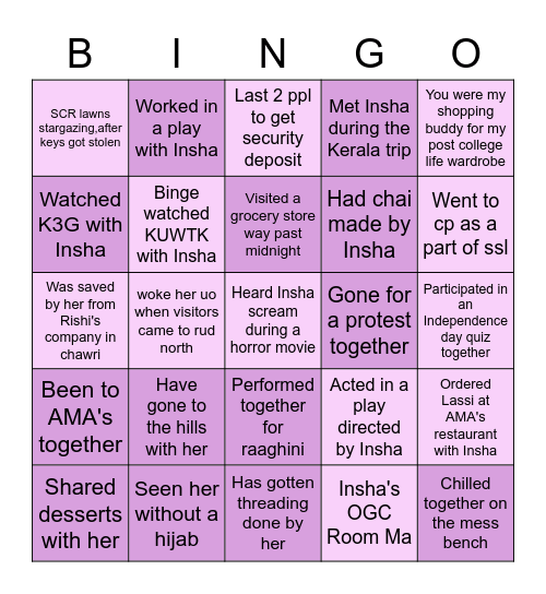 Insha's B'day Bingo-Round 2 Bingo Card