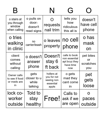 Covid-19 Veterinary Curbside Bingo Card