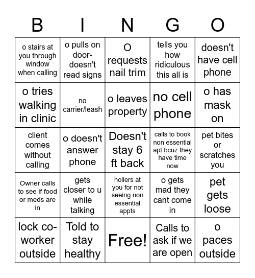 Covid-19 Veterinary Curbside Bingo Card