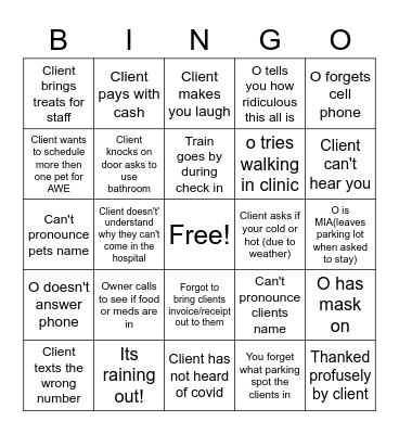 Covid-19 Veterinary Curbside Bingo Card