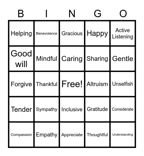 Kindness Bingo Card