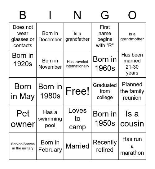 Family Reunion Bingo Card