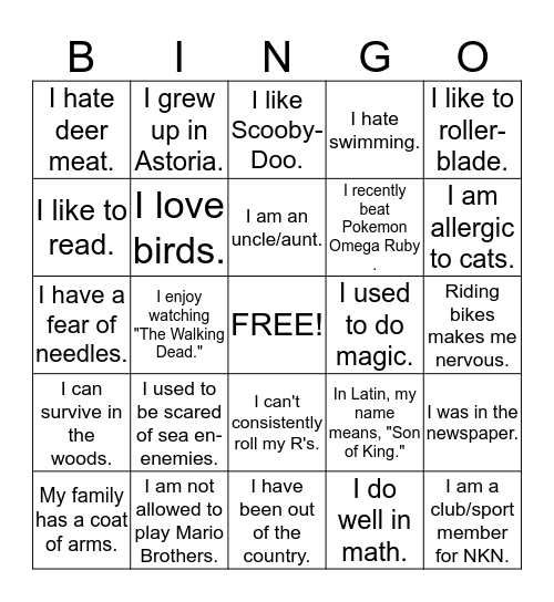 Period 1- Ice Breaker Bingo Card