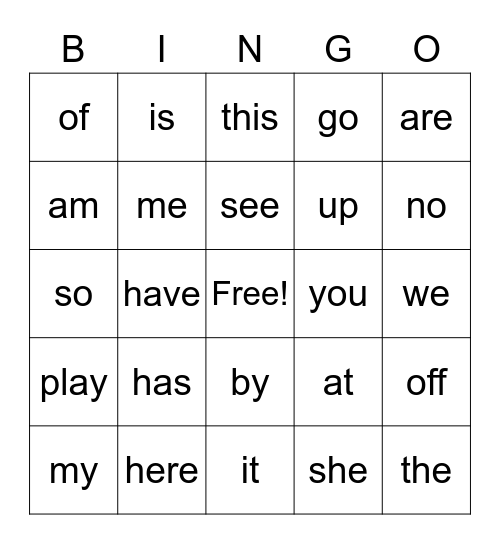 Sight Word Bingo Card