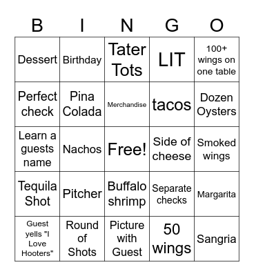 Hooters Girl Bingo Card