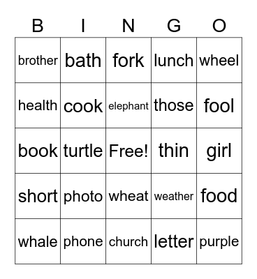 Phonics U1-5 Bingo Card