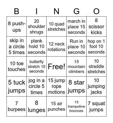 Fitness Bingo Card
