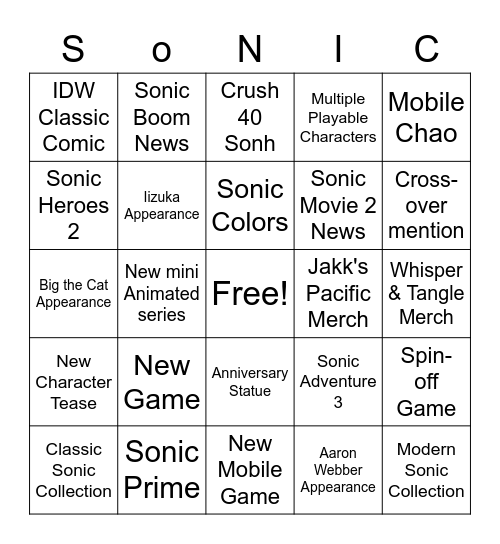 Sonic Bingo Card