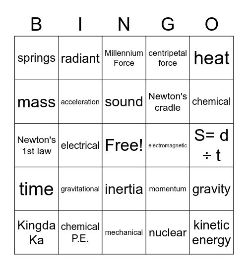 Energy and Motion Bingo Card