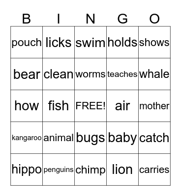 All About Animal Babies Bingo Card