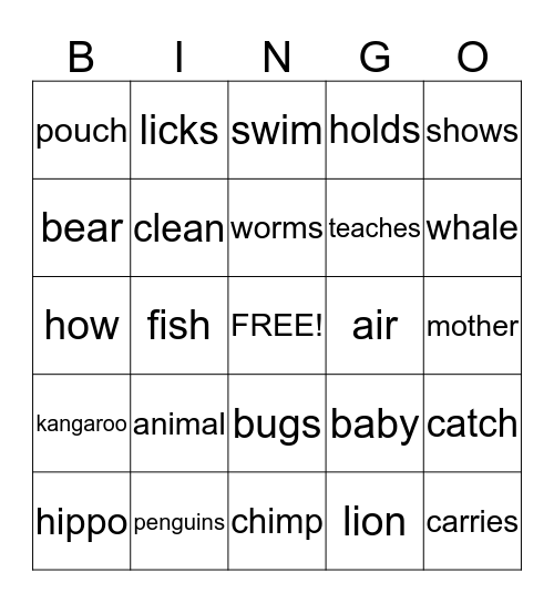 All About Animal Babies Bingo Card