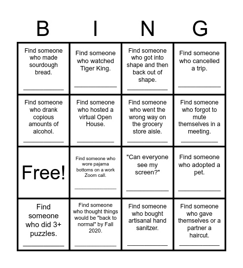 PSIS Spring Gathering BINGO: Quarantine Edition Bingo Card