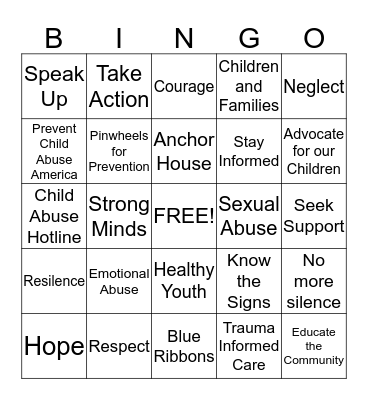 Child Abuse Prevention Bingo  Bingo Card