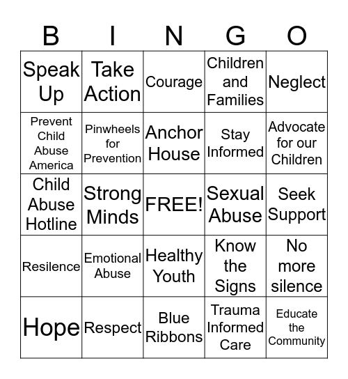 Child Abuse Prevention Bingo  Bingo Card