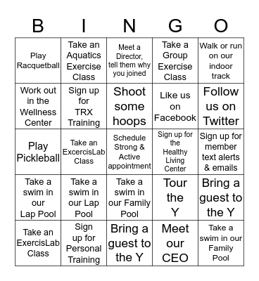 YMCA New Member Bingo Card