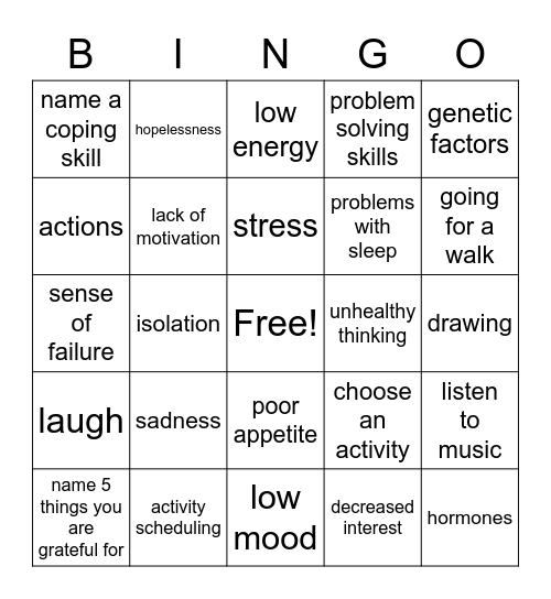 Depression Bingo Card