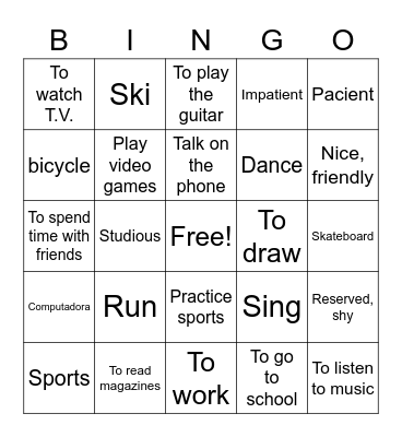 English Bingo Card