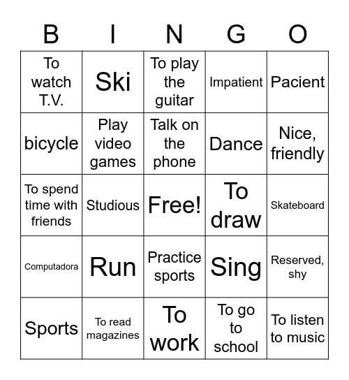 English Bingo Card