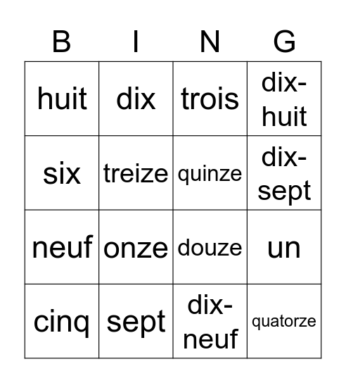 les numéros Bingo Card