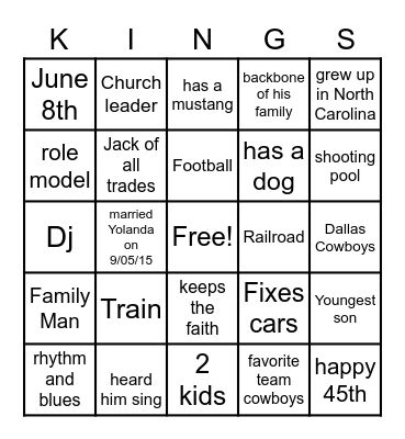 King for a Day Bingo Card