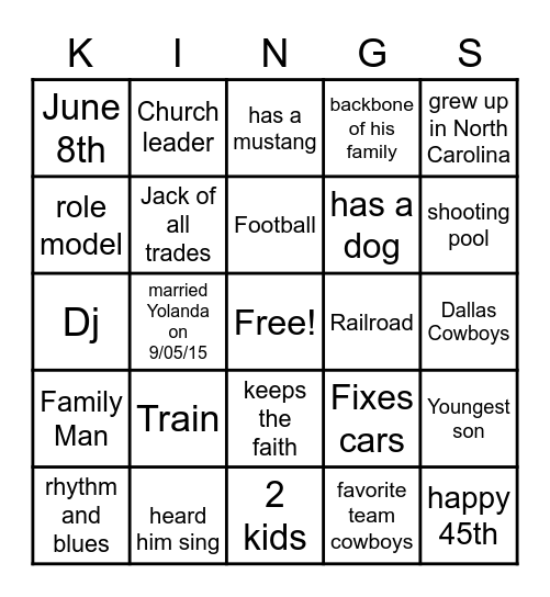 King for a Day Bingo Card
