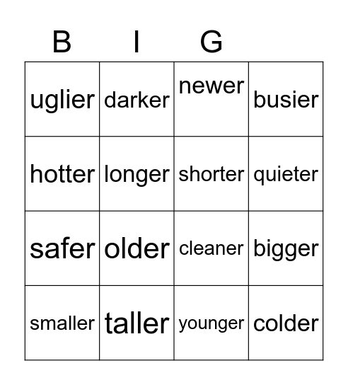 COMPARATIVES Bingo Card
