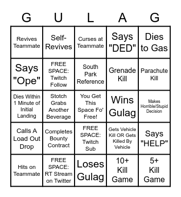 KCR_Stotch CoD Warzone Bingo Card