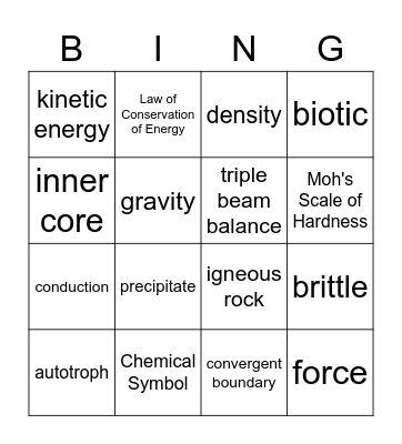 6th Grade Science Bingo Card