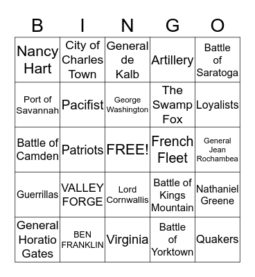 REVOLUTIONARY WAR BINGO Section 3 Bingo Card