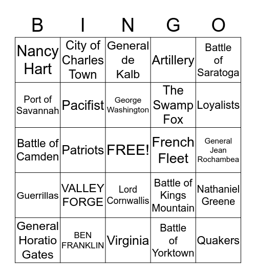 REVOLUTIONARY WAR BINGO Section 3 Bingo Card