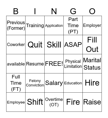 Words for Job Applications Bingo Card