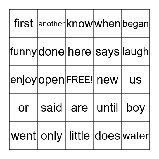 Sight Word Bingo  Bingo Card