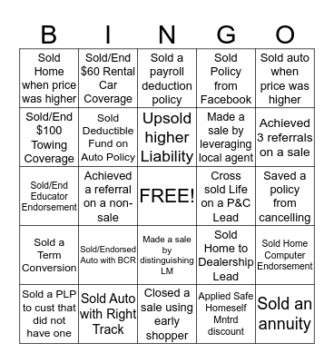 Value Selling Bingo Card