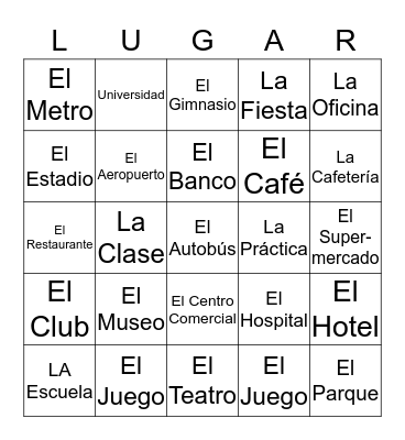 SPANISH COGNATE PLACES YOU GO BINGO Card