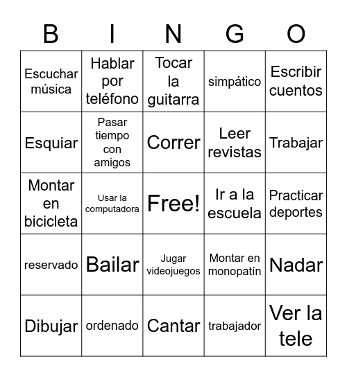 Spanish Vocab Bingo Card