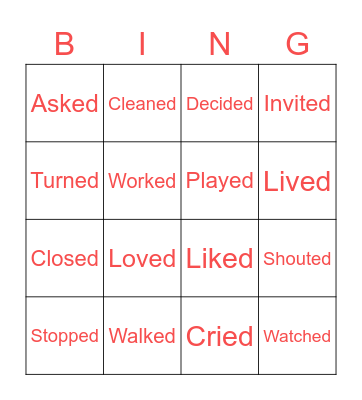 REGULAR VERBS IN THE PAST Bingo Card