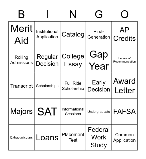 BINGO College Vocab Edition Bingo Card