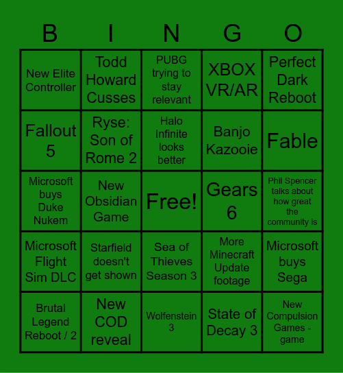 XBOX E3 2021 Bingo Card