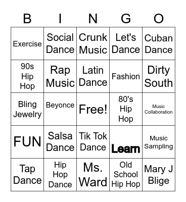 Dance Class Bingo Card