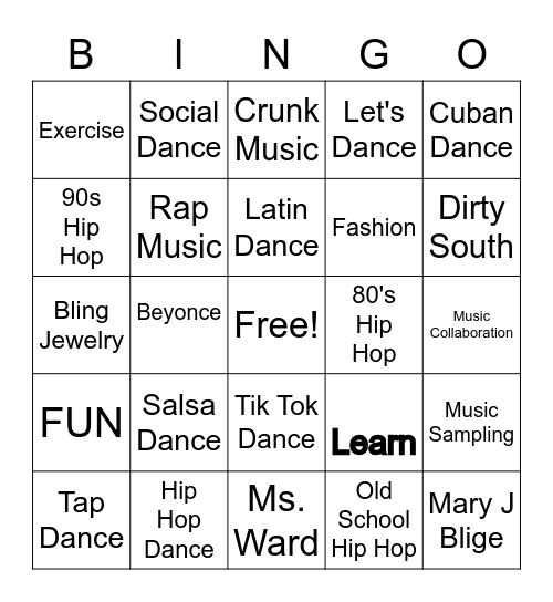 Dance Class Bingo Card