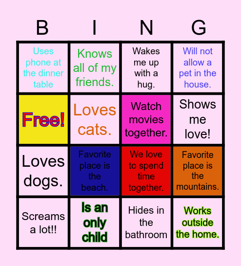 Match My Mommy Bingo Card