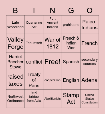 4th gr. End of the Year SS Review Bingo Card