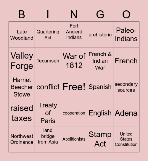 4th gr. End of the Year SS Review Bingo Card