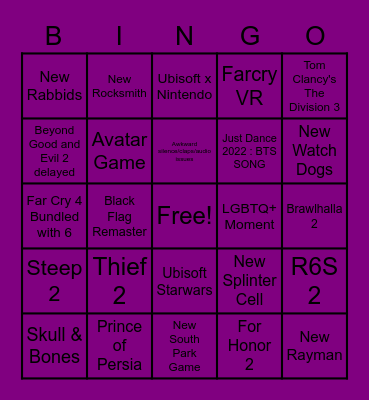 Ubisoft E3 2021 Bingo Card