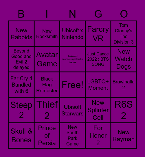 Ubisoft E3 2021 Bingo Card