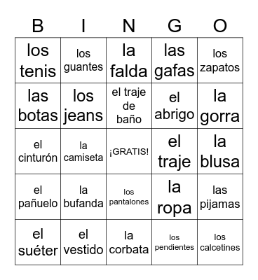 La Ropa Bingo Card