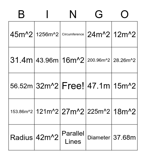 Area Bingo Card